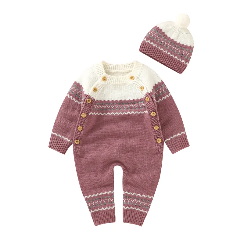 Factory Outlet Baby Kleding Meisje Baby Romper Gebreide Gestreepte Voor Kerstmis Peuter Jongen Jumpsuit Met Hoed Ropa De Navidad Bebes