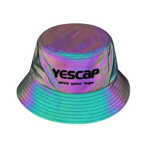 3M-gorro de cubo reflectante de arcoíris, diseño personalizado, logotipo bordado en 3D, sombreros de cubo reflectantes a la moda