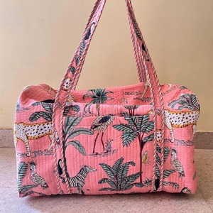 <b>Large</b> Cotton Durable Portable Overnight <b>Bag</b> for <b>Women</b> Floral Quilted Duffle Zipper Handmade Block Printed <b>Weekender</b> Travel Hand - Product Image 1