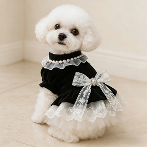 Pet Dog Clothes <b>Red</b> Velvet Princess Dress With Lace <b>Bow</b> Cute Design For Spring Autumn Wedding Outfit - Product Image 3