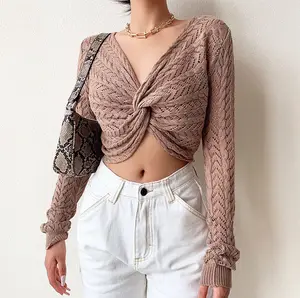 Factory Oem Sweater Custom Spring Long Sleeve Crochet V Neck Hollow Out Knit Criss-cross Crop Top Sweater For Women Sueter Mujer