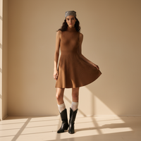 Gaun Rajut Tanpa Lengan Wanita, Atasan Jumper Bergaris Turtleneck & Rok Mini A-Line Mengembang, Sweater 12GG