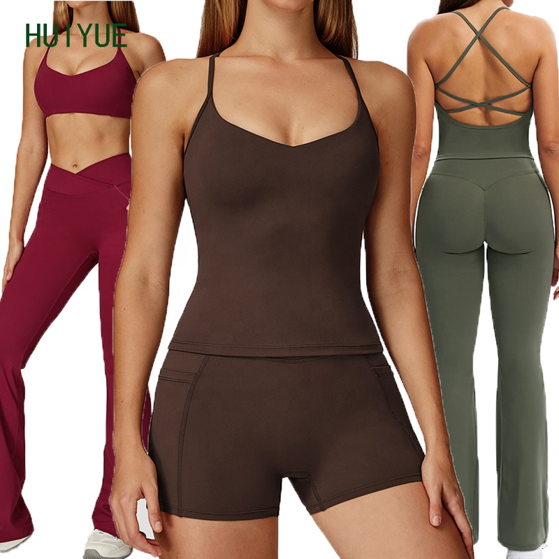 Wholesale High Elasticity Lightweight 5-Piece Yoga Set High Waisted Flared Leg Waist Side Pocket Sportswear Yoga Set