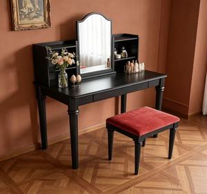 Premium Black Wooden <b>Makeup</b> Vanity Desk <b>With</b> Hutch & Red Velvet Stool Multi Storage For Bedroom - Product Image 1