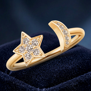 Anillo Abierto de Lujo con Estrella y Luna Creciente, Diamante Cultivado en Laboratorio, Diseño Celestial en Oro de 10K, 14K, 18K, Plata 925, 935 para Mujer - Product Image 1