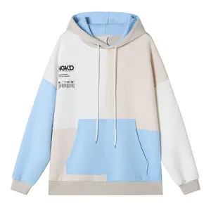 Custom design drawstring pullover plain blue white 2 tone color split hoodies color block hoodie