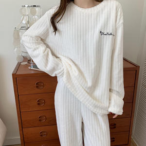 Women Autumn Winter Sleepwear Suit Long Sleeve O-neck Pullover + Long <strong>Wide</strong> <strong>Leg</strong> Pants Lady Casual Fleece Warm Pajamas - Product Image 6