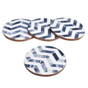 Sous-verre rond en noyer incrusté d'os fait à la main avec tapis décoratifs à motif géométrique Chevron bleu et blanc - Product Image 5
