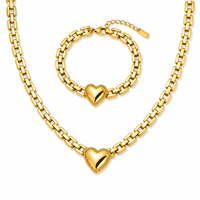 Ensemble collier et bracelet en forme de cœur doré pour femmes, bijoux en acier inoxydable, luxe léger
