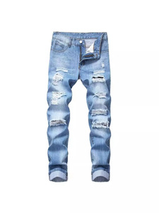 Pantaloni Jeans da <span class=keywords><strong>Uomo</strong></span> di Design alla <span class=keywords><strong>Moda</strong></span> Stile High <span class=keywords><strong>Street</strong></span> con Logo Personalizzato, Strappati, con Lavaggio, Effetto Usurato, Stampa Leggera, Stile Streetwear all'Ingrosso - Product Image 3