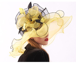 Couvre-chef jaune à large bord pour femme, fête de mariage, escouade de mariée, Jazz, Organza, fleur, luxe, Fedora, accessoires pour cheveux, chapeau - Product Image 4