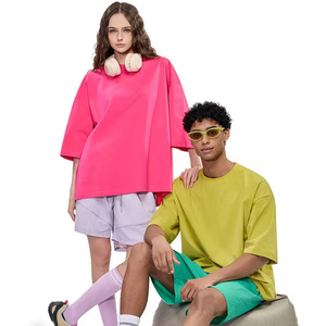 240G Cotton Blend Solid Color Oversized Knitted T-shirt Unisex Wide Shoulder Design Cool Skin Touch Short Sleeve <b>Tops</b> - Product Image 1
