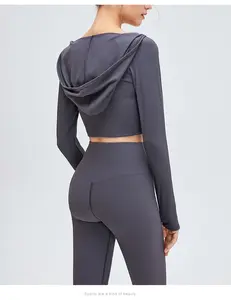 NEW ARRIVALS Hot Sexy Slim Waist Ribbed Top Women Yoga Long Sleeve Crop Top Hoodie Wholesale