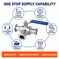 Vanne à boisseau sphérique hygiénique OEM SS304 316L à 3 voies, raccord Tri-Clamp, port en T, passage plein, certifiée CE ISO pour usine alimentaire Halal