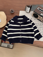 Cardigan tricoté unisexe pour enfants, col rabattu, rayé, simple boutonnage, manches longues, pull pour bébé, collection printemps-automne