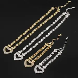 Wholesale Custom Fashion Hollow Out Fulled Diamond Heart Necklace Bracelet Sets Women Brass Gold Plating Cuban Chain Jewelry Set