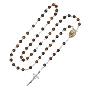 Chapelet catholique en perles d'œil de tigre de 6 mm, chaîne en acier inoxydable avec médaille de Saint-Martin et crucifix de Jésus - Product Image 2