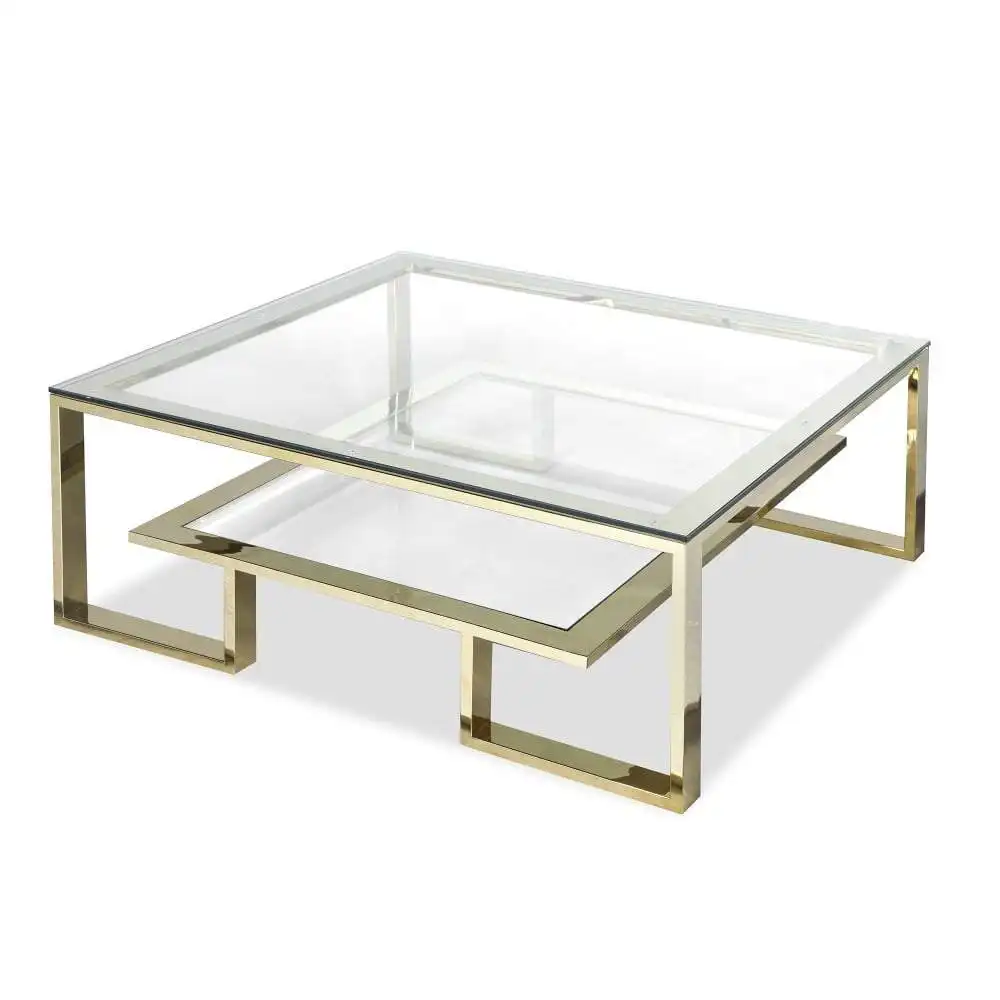 Goede Kwaliteit Populaire Moderne Vierkante 2 Layer Luxe Ontwerp Gouden Kleur Shining Rvs Transparant Glazen Salontafel