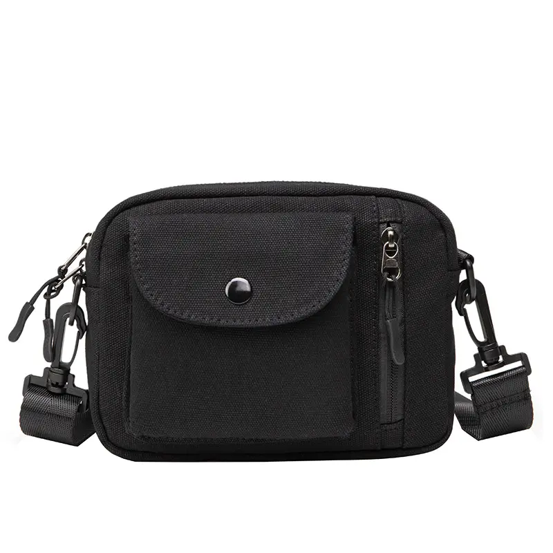 RTS stock good quality small canvas side sling satchel men black long crossbody shoulder bag for teens