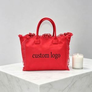 Sac fourre-tout en toile réutilisable et portable pour femme avec fermeture éclair, pompon et franges, idéal pour la plage, le shopping ou comme sac à bandoulière, grande capacité - Product Image 3