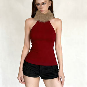 Women Halter Neck Vest <b>Sleeveless</b> <b>Top</b> with Faux Fur Collar Slim Fit Fashion Elegant Party Wear - Product Image 2