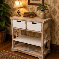 Console d'entrée rustique en bois blanc vieilli avec 2 tiroirs, meuble d'appoint en bois avec piètement en X, rangement en bois
