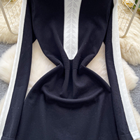 Robe décontractée en tricot à manches longues pour femmes, couleur contrastée, coupe ajustée, col montant, robe courte élégante pour tous les jours, robes décontractées