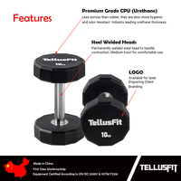 Haltères de gym Tellus Fitness personnalisables avec logo, en uréthane à 12 faces, paires de 2,5 kg à 50 kg, poids durables en CPU pour entraînement fonctionnel