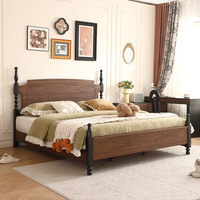 Lit double en bois massif style français rétro vintage, couleur noyer noir, 1,5m/1,8m, luxe léger pour chambre principale