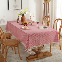 Nappe en coton et lin à motif géométrique, style moderne, mini-échiquier, à pompons, technique tissée, anti-taches, pour hôtels et maisons, vente en gros