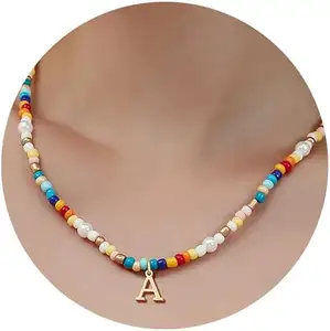 Arabic Initial Pearl Y2K Colorful Letter Gold Toggle High Quality 925 Sterling Silver Beaded Mardi Gras Seed Bead Necklace