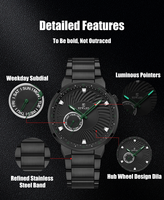 Montre à quartz pour homme, affichage 24 heures, cadran noir Sunburst, bracelet en acier inoxydable, Business