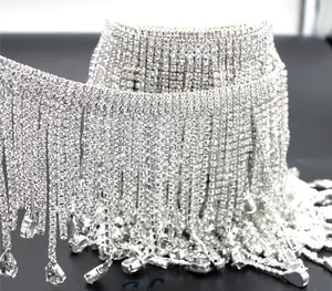 Yüksek kaliteli kristal rhinestone fringe trim rhinestone pirinç kupası zinciri düğün elbisesi