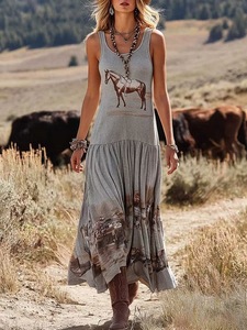 Womens Western Vintage Horse Print Sleeveless Tiered Flowy <strong>Maxi</strong> <strong>Dress</strong> Bulk Wholesale Casual Cowgirl Daily Wear Tank <strong>Dress</strong> - Product Image 3