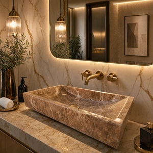 Poulars - Lavabo de Pedestal de Piedra Natural de Lujo para Montar en la Pared, Lavabo de Mármol Oscuro Emperador - Product Image 1