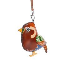 Porte-monnaie en cuir véritable fait main avec motif d'oiseau 3D, pochette zippée, porte-clés et dragonne, idéal pour un cadeau
