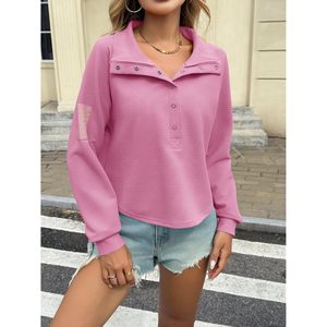 Sudadera Corta para Mujer, Cuello Henley, Botones a Presión, Manga Larga, Acanalada, Corte Holgado, Informal, Otoñal, Transpirable - Product Image 2