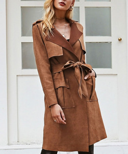 カスタム2019最新秋物ヴィンテージ風サッシュベルト付きフルスリーブポケット付き無地ロングオーバーサイズレディースポリエステルトレンチコート - Product Image 5