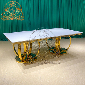 Double Circle Base Gold Stainless Steel <strong>Mdf</strong> Rectangle <strong>Dining</strong> <strong>Table</strong> - Product Image 5