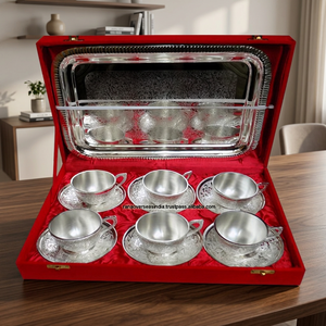 Traditional Indian <b>Silver</b> Plated Brass Metal Tableware Cup and Saucer <b>Set</b> with Tray for Promotional Wedding Christmas Gifts - Product Image 3