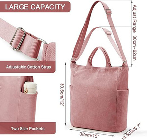 High Quality Fashion Soft Blank Plain Women Handbag Shoulder Crossbody College Corduroy Tote Bag With Zipper - Product Image 2