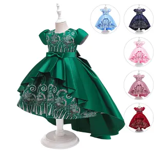 2023 Summer Princess Dress For Girls Birthday Wedding Gown Kids Girl Party Dress Bow Embroidered Trailing Bridesmaid Dresses