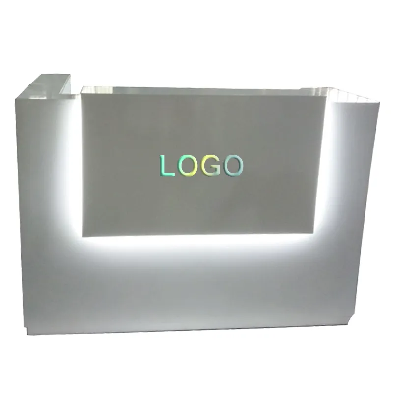 Bureau de réception blanc minimaliste avec logo personnalisé comptoir de caisse en bois bureau de beauté de table avant