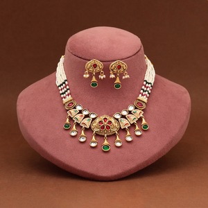 Traditional Kundan <b>Pearl</b> <b>Choker</b> Necklace Set with Green Beads - Gold Plated Bridal Jewellery for Weddings & Festivals - Product Image 3