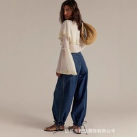 Pantalon Ballon Plissé en Jean de Coton Taille Moyenne Ample Jambe Large Style Bohème Chic Français Printemps 2026 Vente en Gros