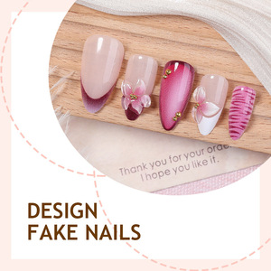 Faux ongles à presser de longueur moyenne, forme amande, style français, en résine, avec motif goutte en relief, pour manucure DIY et usage en salon, en gros - Product Image 2