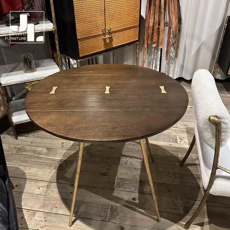 Nordic Vintage warna Walnut bulat restoran meja makan Hotel Villa Emas tempa kaki logam meja kayu furnitur