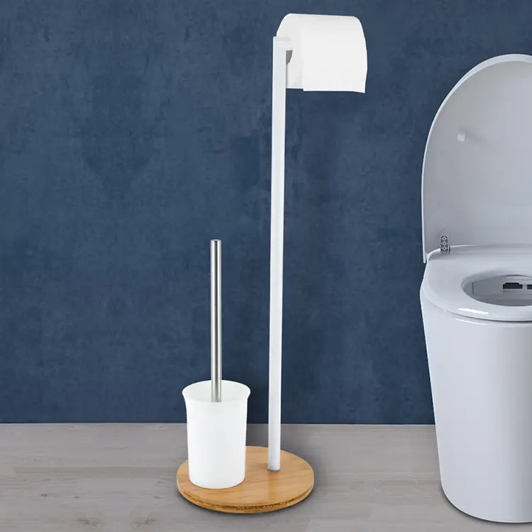 แปรงห้องน้ำพลาสติกแบบ2-in-1ที่ใส่กระดาษผ้าเช็ดตัวอุปกรณ์ในห้องน้ำแปรงห้องน้ำฐานไม้ไผ่สำหรับใช้ในครัวเรือน