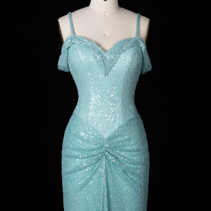 Abito da ballo Sharon Said SH553 a sirena azzurro con <span class=keywords><strong>paillettes</strong></span> scintillanti, spalle scoperte, spalline sottili e drappeggio, ideale per feste e matrimoni - Product Image 4