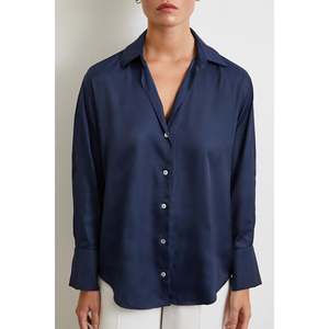 Chemise à motif diagonal pour femme, bleu marine, satin, boutonnée, classique, pour tous les jours - Product Image 2
